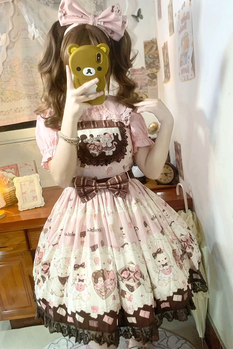 Sweet Lolita JSK - Chocolate Rosette Cat Print, 4 Colors, Detachable Detail, Bow Detail - additional product view 6