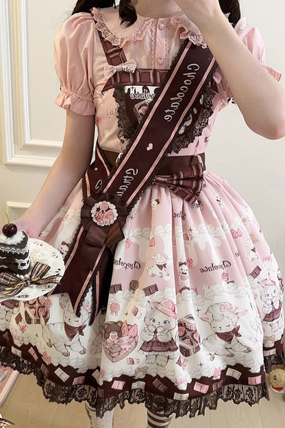 Sweet Lolita JSK - Chocolate Rosette Cat Print, 4 Colors, Detachable Detail, Bow Detail - additional product view 7