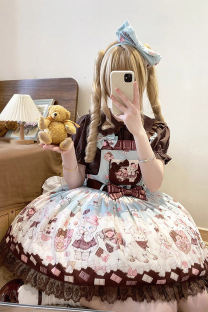 Sweet Lolita JSK - Chocolate Rosette Cat Print, 4 Colors, Detachable Detail, Bow Detail - additional product view 8