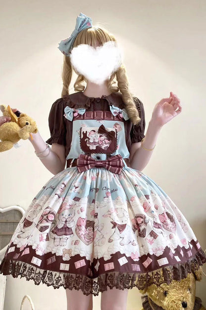 Sweet Lolita JSK - Chocolate Rosette Cat Print, 4 Colors, Detachable Detail, Bow Detail - additional product view 10