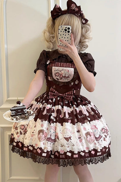 Sweet Lolita JSK - Chocolate Rosette Cat Print, 4 Colors, Detachable Detail, Bow Detail - additional product view 13