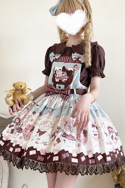 Sweet Lolita JSK - Chocolate Rosette Cat Print, 4 Colors, Detachable Detail, Bow Detail - additional product view 14