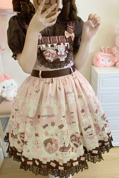 Sweet Lolita JSK - Chocolate Rosette Cat Print, 4 Colors, Detachable Detail, Bow Detail - additional product view 16