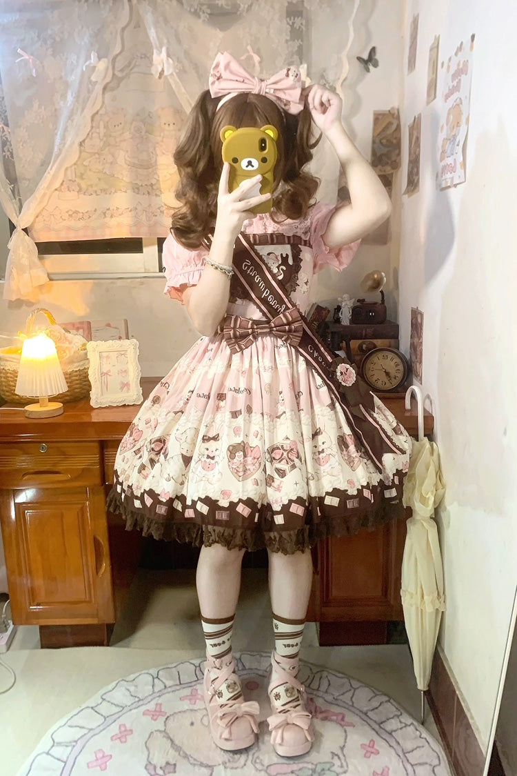Sweet Lolita JSK - Chocolate Rosette Cat Print, 4 Colors, Detachable Detail, Bow Detail - additional product view 17