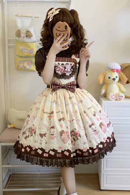 Sweet Lolita JSK - Chocolate Rosette Cat Print, 4 Colors, Detachable Detail, Bow Detail - main product image