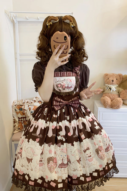 Sweet Lolita JSK - Chocolate Rosette Cat Print, 4 Colors, Detachable Detail, Bow Detail - S Brown / M Brown / L Brown option