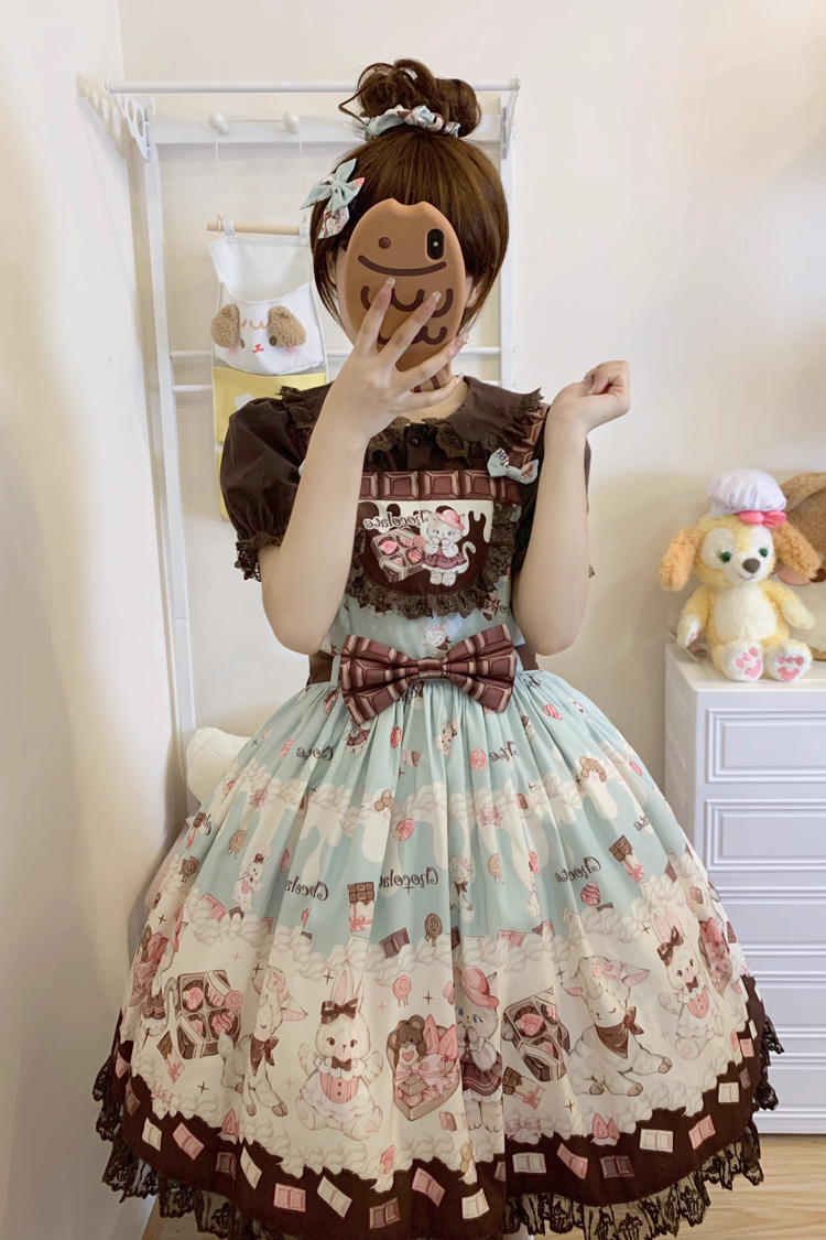 Sweet Lolita JSK - Chocolate Rosette Cat Print, 4 Colors, Detachable Detail, Bow Detail - S Green / M Green / L Green option