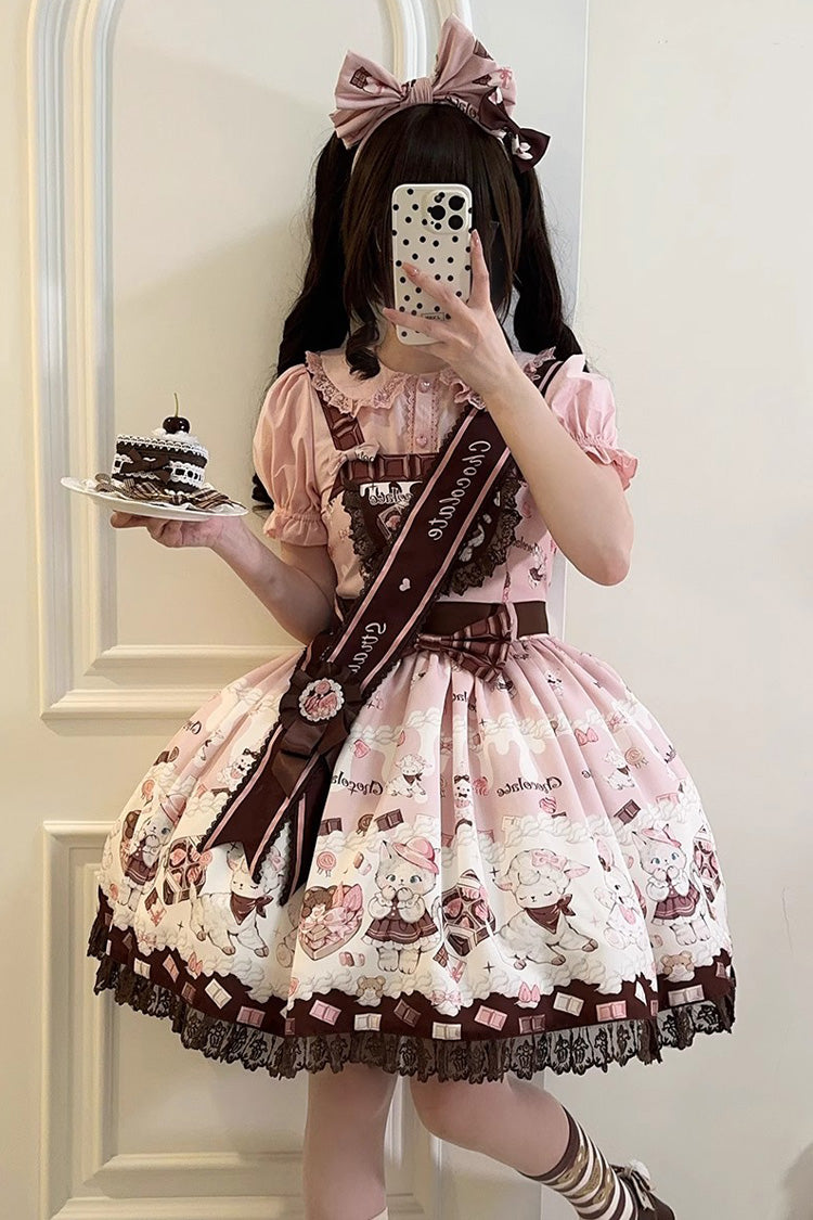 Sweet Lolita JSK - Chocolate Rosette Cat Print, 4 Colors, Detachable Detail, Bow Detail - S Pink / M Pink / L Pink option