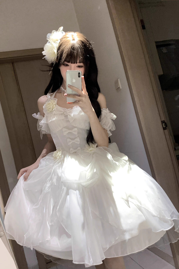 Sweet Lolita JSK - Cindy Rose, White, Ruffled, Halterneck, Bow Detail - additional product view 2