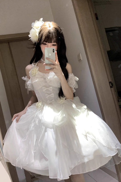 Sweet Lolita JSK - Cindy Rose, White, Ruffled, Halterneck, Bow Detail - additional product view 2
