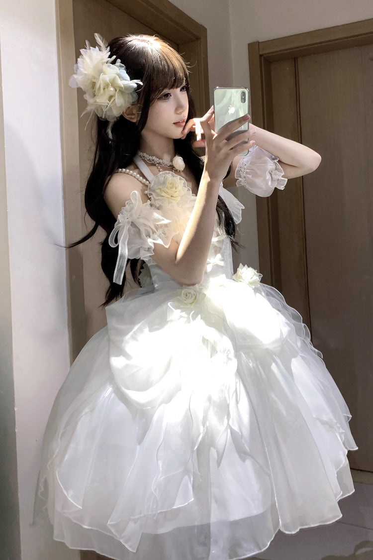 Sweet Lolita JSK - Cindy Rose, White, Ruffled, Halterneck, Bow Detail - additional product view 6