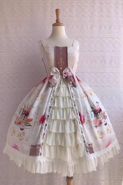 Sweet Lolita JSK - Cool Summer Dessert Print, 3 Colors, Ruffled, Printed, Bow Detail - XS Off-White / S Off-White / M Off-White option