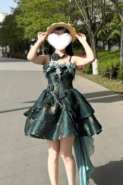 Sweet Lolita JSK - Cosmic Shimmer, 2 Colors, Printed, Halterneck, Bow Detail - additional product view 2
