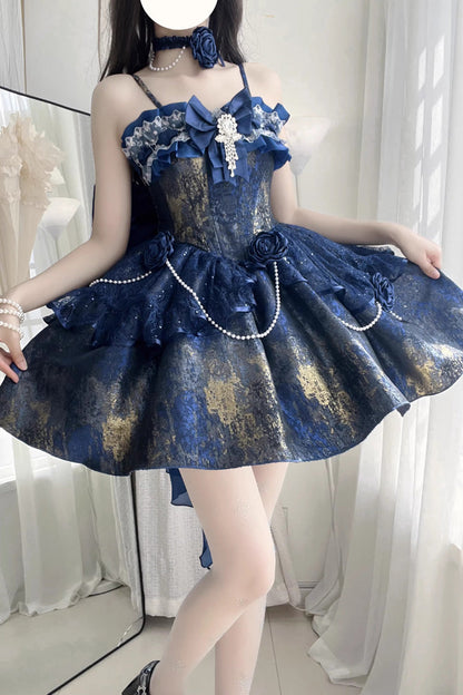 Sweet Lolita JSK - Cosmic Shimmer, 2 Colors, Printed, Halterneck, Bow Detail - additional product view 4