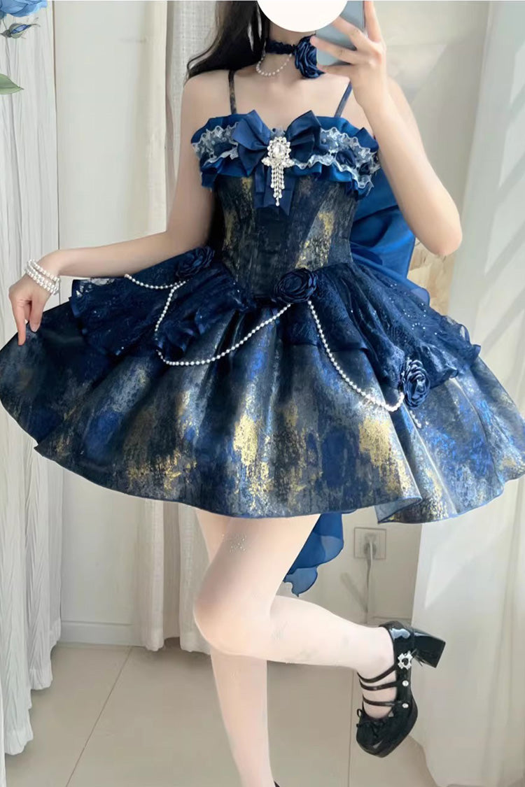 Sweet Lolita JSK - Cosmic Shimmer, 2 Colors, Printed, Halterneck, Bow Detail - additional product view 6