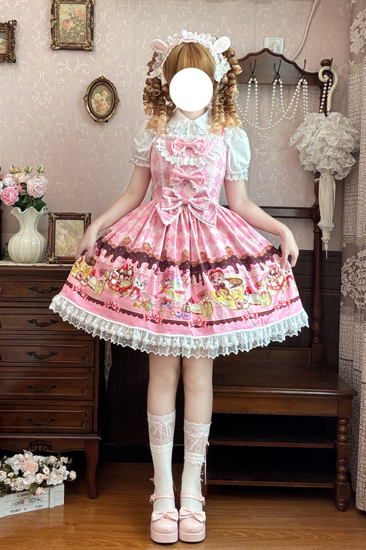 Sweet Lolita JSK - Cream Meow, 3 Colors, Lace Trim, Printed, Bow Detail - additional product view 2