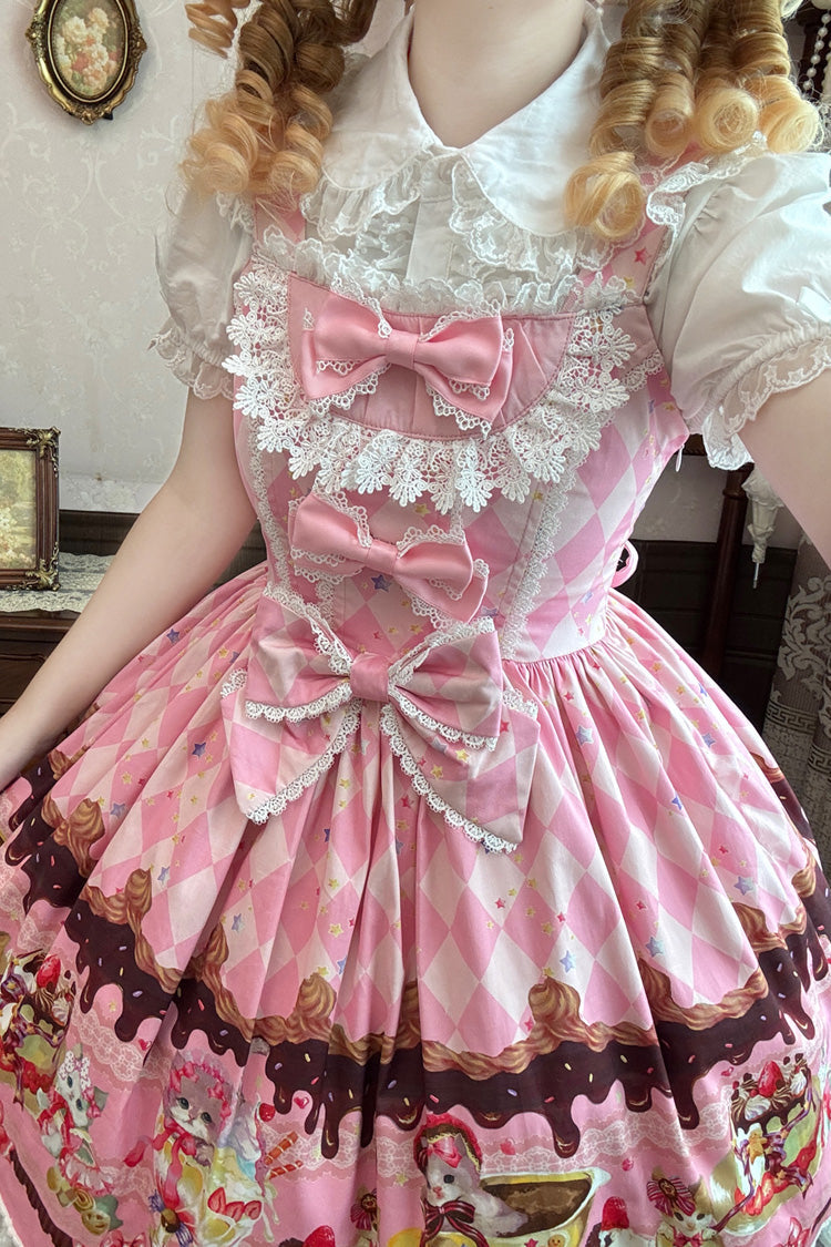 Sweet Lolita JSK - Cream Meow, 3 Colors, Lace Trim, Printed, Bow Detail - additional product view 3