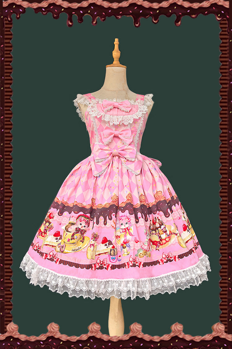 Sweet Lolita JSK - Cream Meow, 3 Colors, Lace Trim, Printed, Bow Detail - additional product view 4