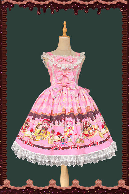 Sweet Lolita JSK - Cream Meow, 3 Colors, Lace Trim, Printed, Bow Detail - additional product view 4
