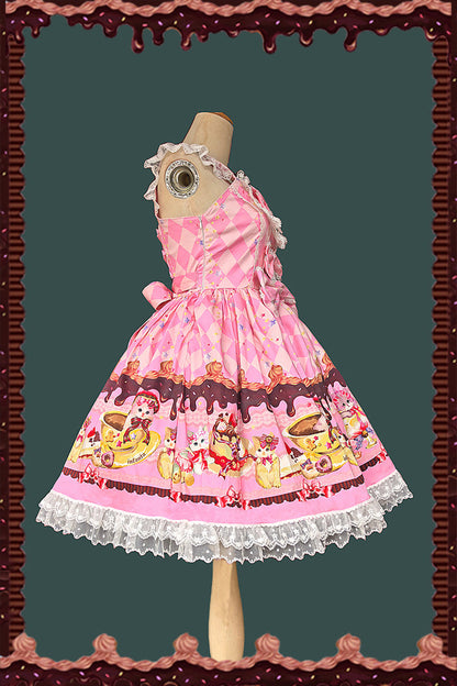 Sweet Lolita JSK - Cream Meow, 3 Colors, Lace Trim, Printed, Bow Detail - additional product view 7