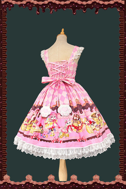 Sweet Lolita JSK - Cream Meow, 3 Colors, Lace Trim, Printed, Bow Detail - additional product view 8