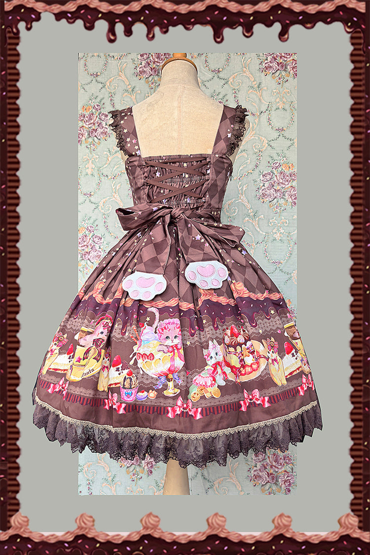 Sweet Lolita JSK - Cream Meow, 3 Colors, Lace Trim, Printed, Bow Detail - additional product view 11