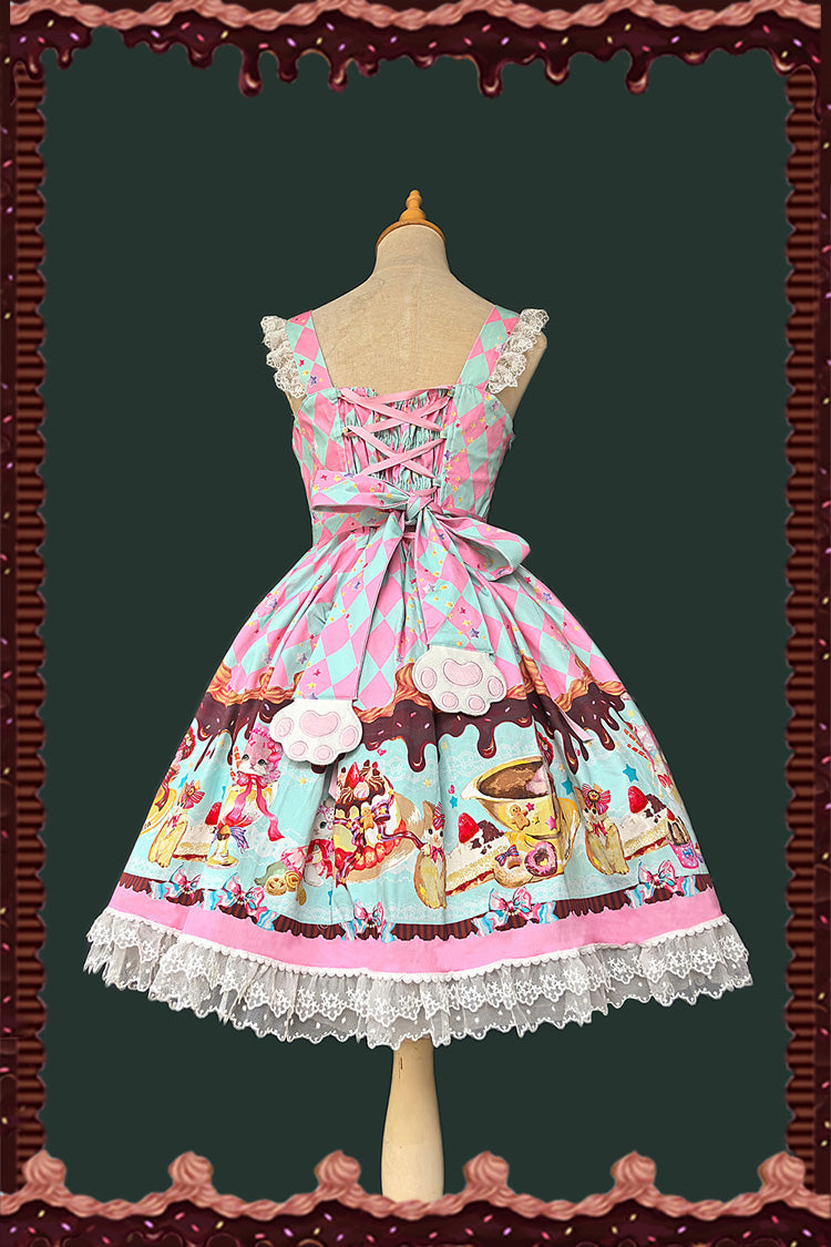 Sweet Lolita JSK - Cream Meow, 3 Colors, Lace Trim, Printed, Bow Detail - additional product view 13