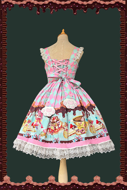 Sweet Lolita JSK - Cream Meow, 3 Colors, Lace Trim, Printed, Bow Detail - additional product view 13