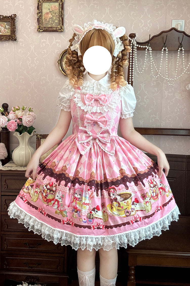 Sweet Lolita JSK - Cream Meow, 3 Colors, Lace Trim, Printed, Bow Detail - main product image