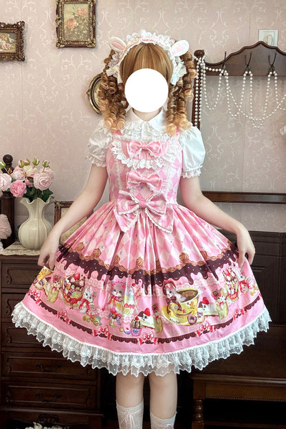 Sweet Lolita JSK - Cream Meow, 3 Colors, Lace Trim, Printed, Bow Detail - main product image