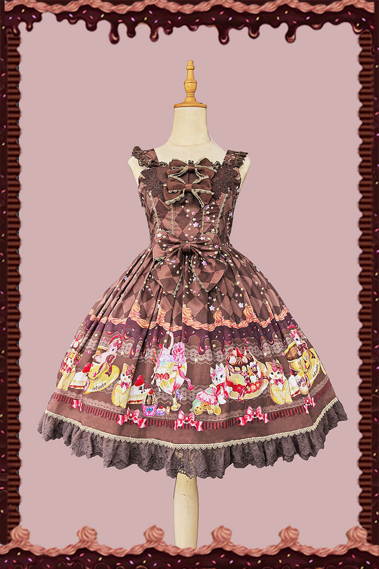 Sweet Lolita JSK - Cream Meow, 3 Colors, Lace Trim, Printed, Bow Detail - S Brown / M Brown / L Brown option