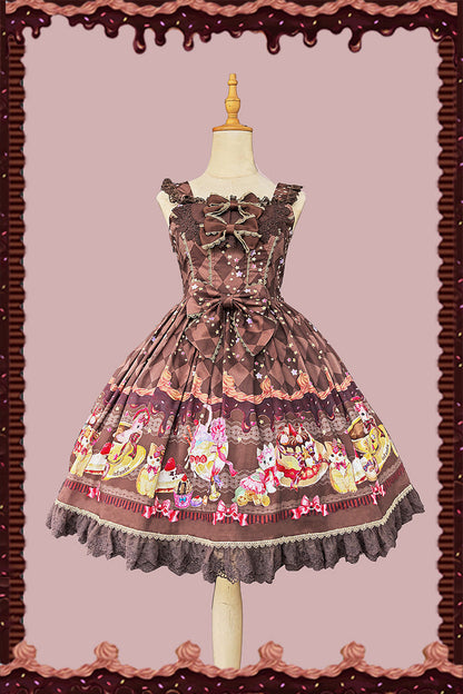 Sweet Lolita JSK - Cream Meow, 3 Colors, Lace Trim, Printed, Bow Detail - S Brown / M Brown / L Brown option