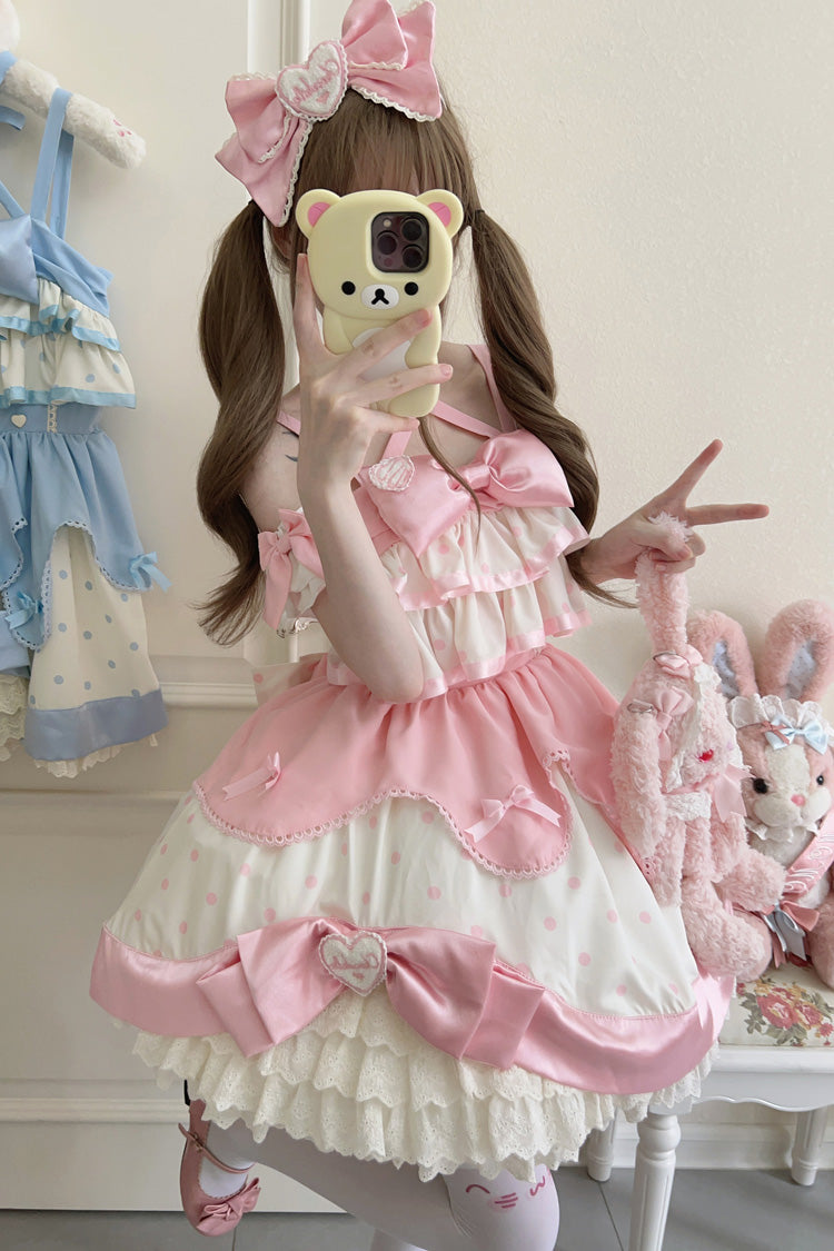 Sweet Lolita JSK - Cream Multi-layered Polka Dots, Pink, Bow Detail, Ruffled, Printed - additional product view 2