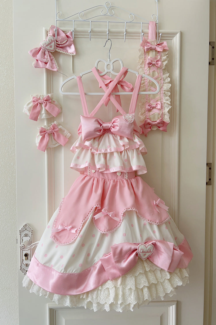 Sweet Lolita JSK - Cream Multi-layered Polka Dots, Pink, Bow Detail, Ruffled, Printed - additional product view 3