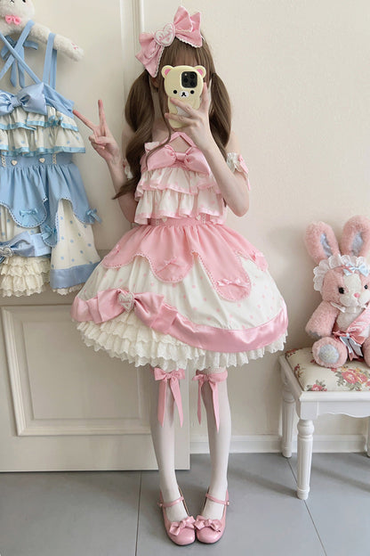 Sweet Lolita JSK - Cream Multi-layered Polka Dots, Pink, Bow Detail, Ruffled, Printed - additional product view 4