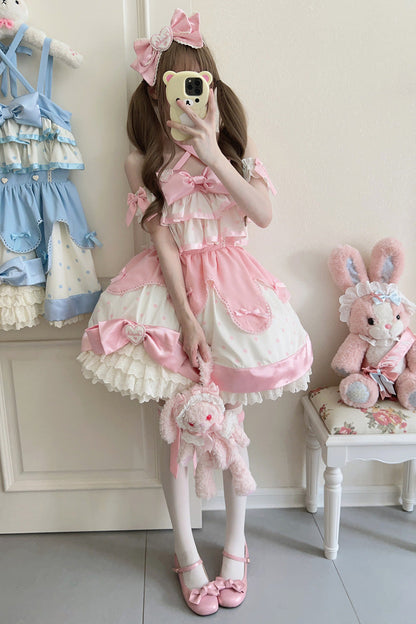 Sweet Lolita JSK - Cream Multi-layered Polka Dots, Pink, Bow Detail, Ruffled, Printed - additional product view 5