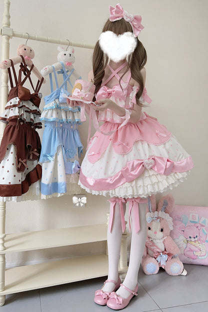 Sweet Lolita JSK - Cream Multi-layered Polka Dots, Pink, Bow Detail, Ruffled, Printed - additional product view 6