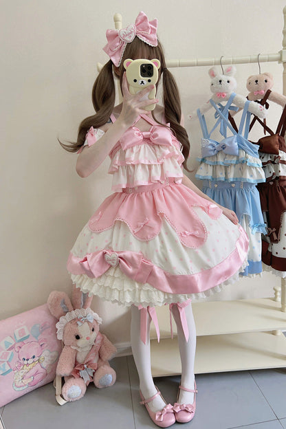 Sweet Lolita JSK - Cream Multi-layered Polka Dots, Pink, Bow Detail, Ruffled, Printed - additional product view 7