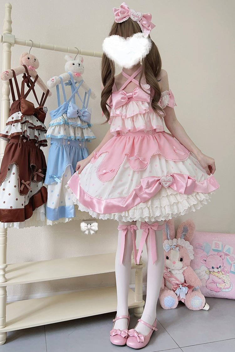 Sweet Lolita JSK - Cream Multi-layered Polka Dots, Pink, Bow Detail, Ruffled, Printed - additional product view 8