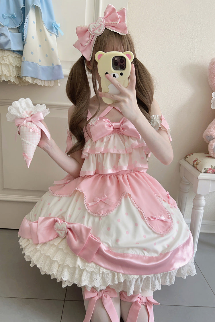 Sweet Lolita JSK - Cream Multi-layered Polka Dots, Pink, Bow Detail, Ruffled, Printed - main product image