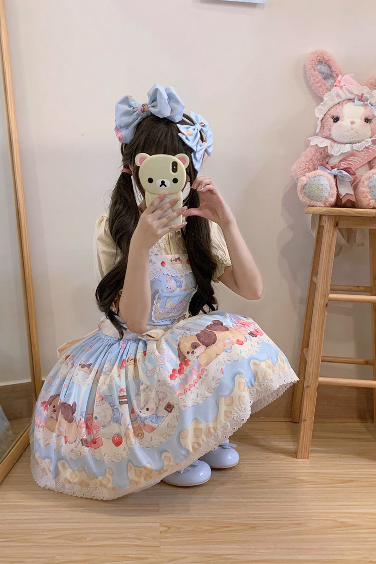 Sweet Lolita JSK - Cream Party Print, 3 Colors, Bow Detail, Lace Trim, Printed - additional product view 4