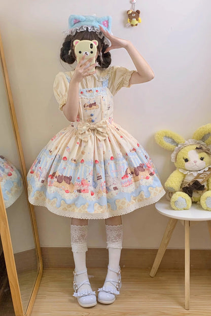 Sweet Lolita JSK - Cream Party Print, 3 Colors, Bow Detail, Lace Trim, Printed - additional product view 5