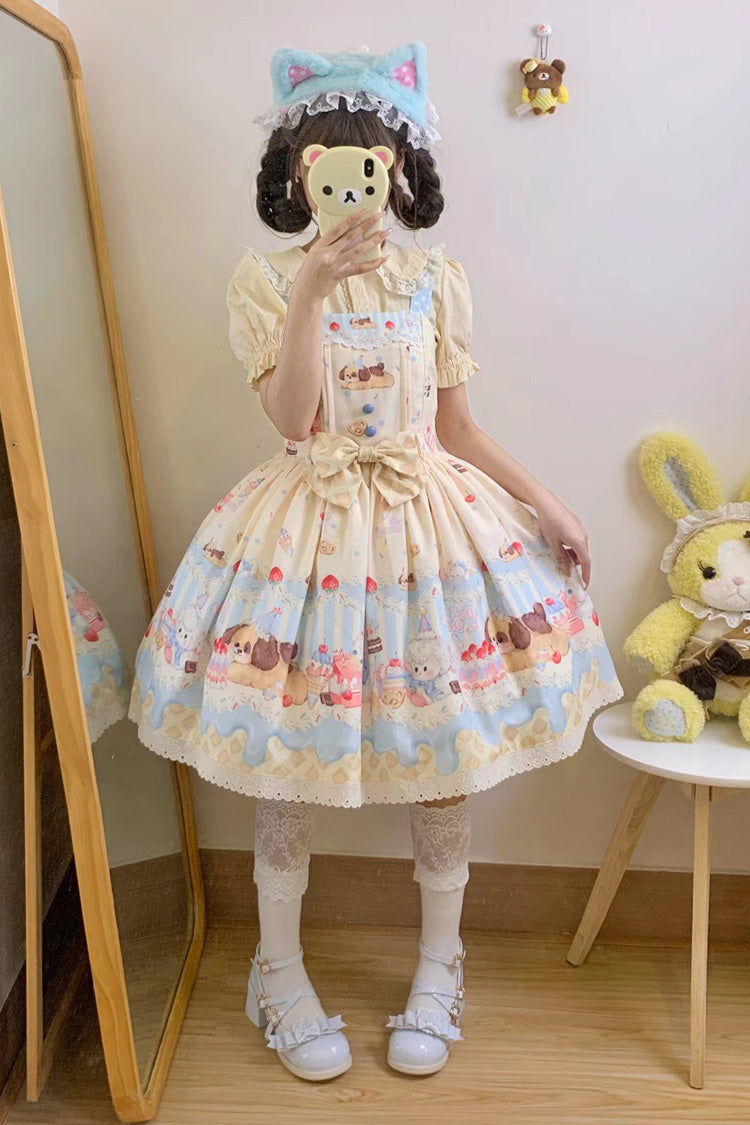 Sweet Lolita JSK - Cream Party Print, 3 Colors, Bow Detail, Lace Trim, Printed - additional product view 6