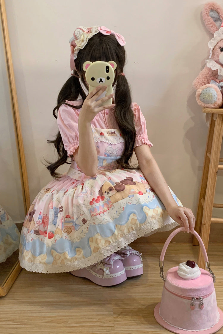 Sweet Lolita JSK - Cream Party Print, 3 Colors, Bow Detail, Lace Trim, Printed - additional product view 7