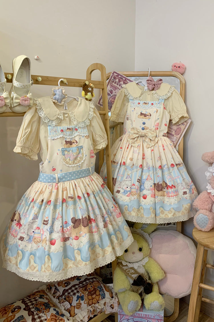 Sweet Lolita JSK - Cream Party Print, 3 Colors, Bow Detail, Lace Trim, Printed - additional product view 8