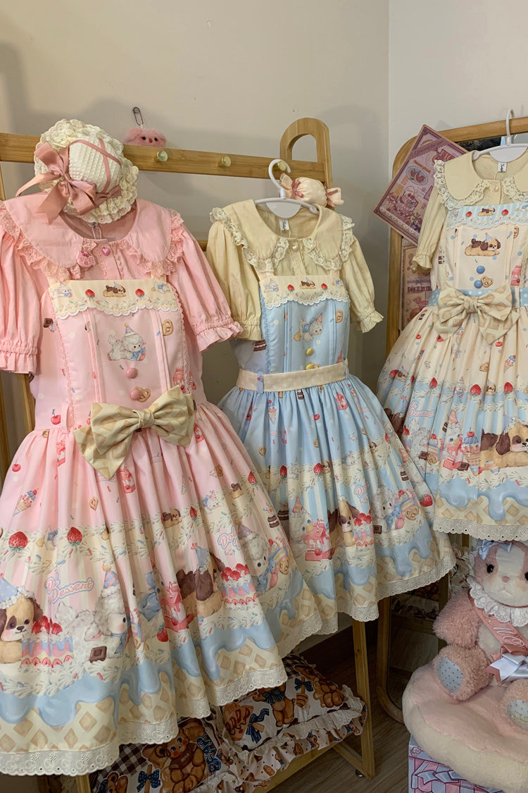Sweet Lolita JSK - Cream Party Print, 3 Colors, Bow Detail, Lace Trim, Printed - additional product view 9