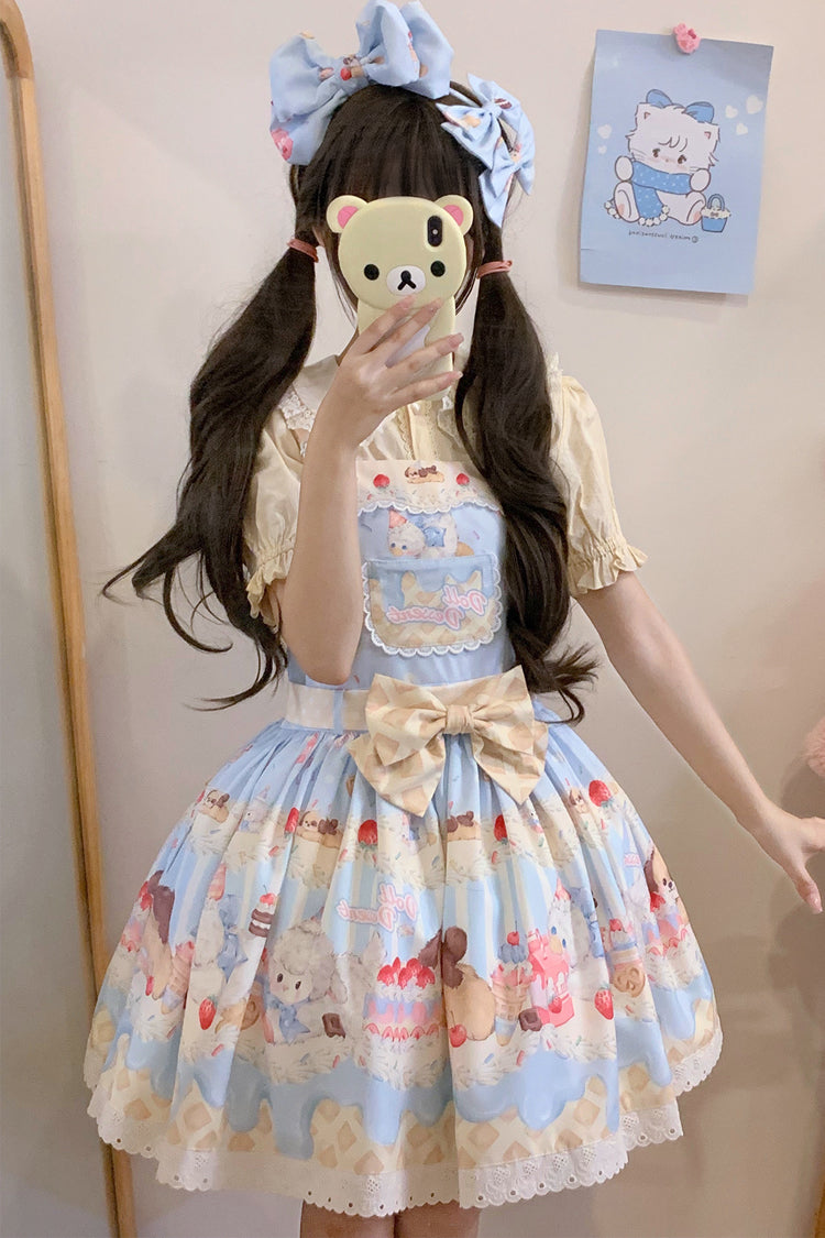 Sweet Lolita JSK - Cream Party Print, 3 Colors, Bow Detail, Lace Trim, Printed - main product image