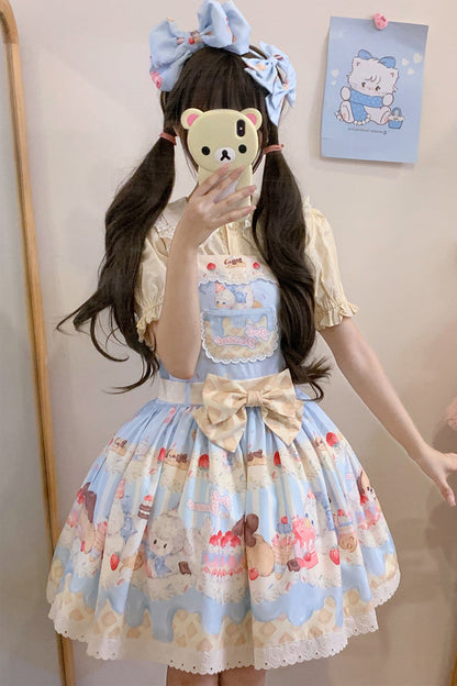 Sweet Lolita JSK - Cream Party Print, 3 Colors, Bow Detail, Lace Trim, Printed - main product image