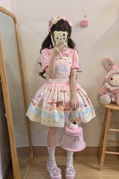 Sweet Lolita JSK - Cream Party Print, 3 Colors, Bow Detail, Lace Trim, Printed - S Pink / M Pink / L Pink option