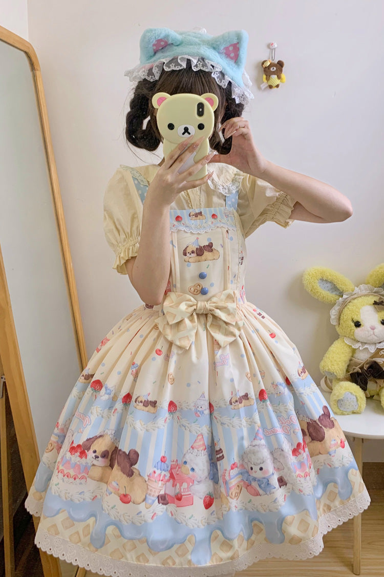 Sweet Lolita JSK - Cream Party Print, 3 Colors, Bow Detail, Lace Trim, Printed - S Yellow / M Yellow / L Yellow option